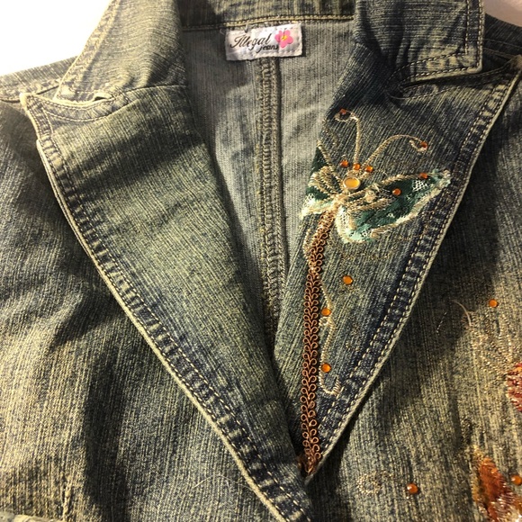 Illegal Jeans Denim Jean blazer jacket butterfly embroidered gem accents L - Picture 5 of 9